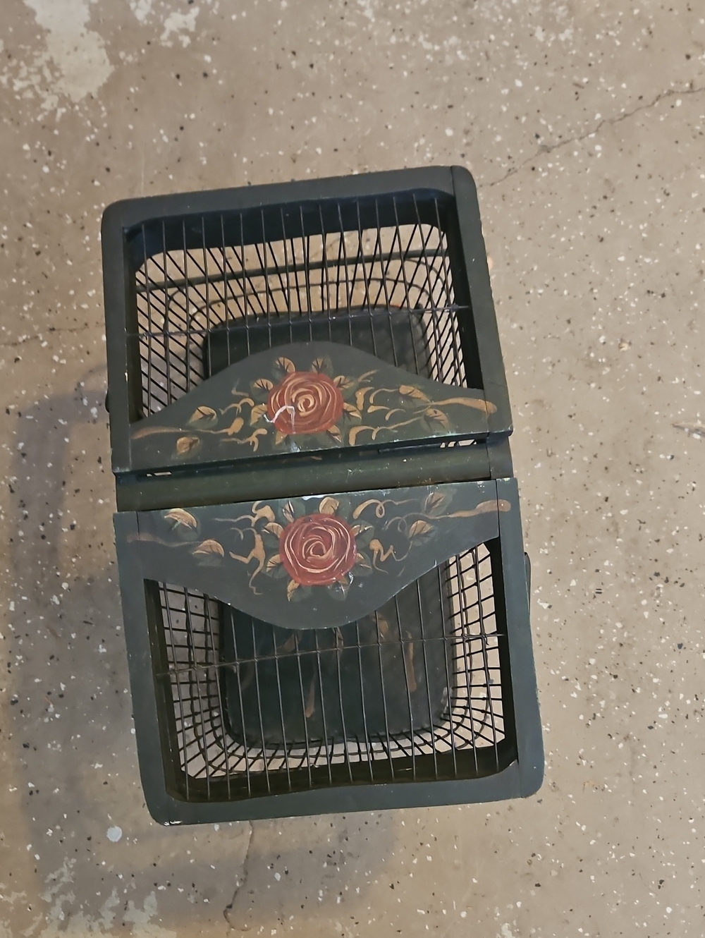 Hand-Painted Green Floral Storage Basket -vintage